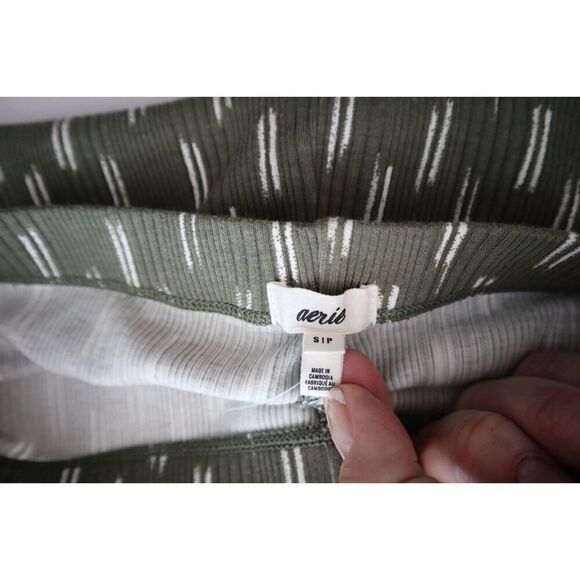 Aerie 067-0701 Women's Sz S Green Striped High-Waist Ribbed Flare Stretch Pants - Picture 4 of 6
